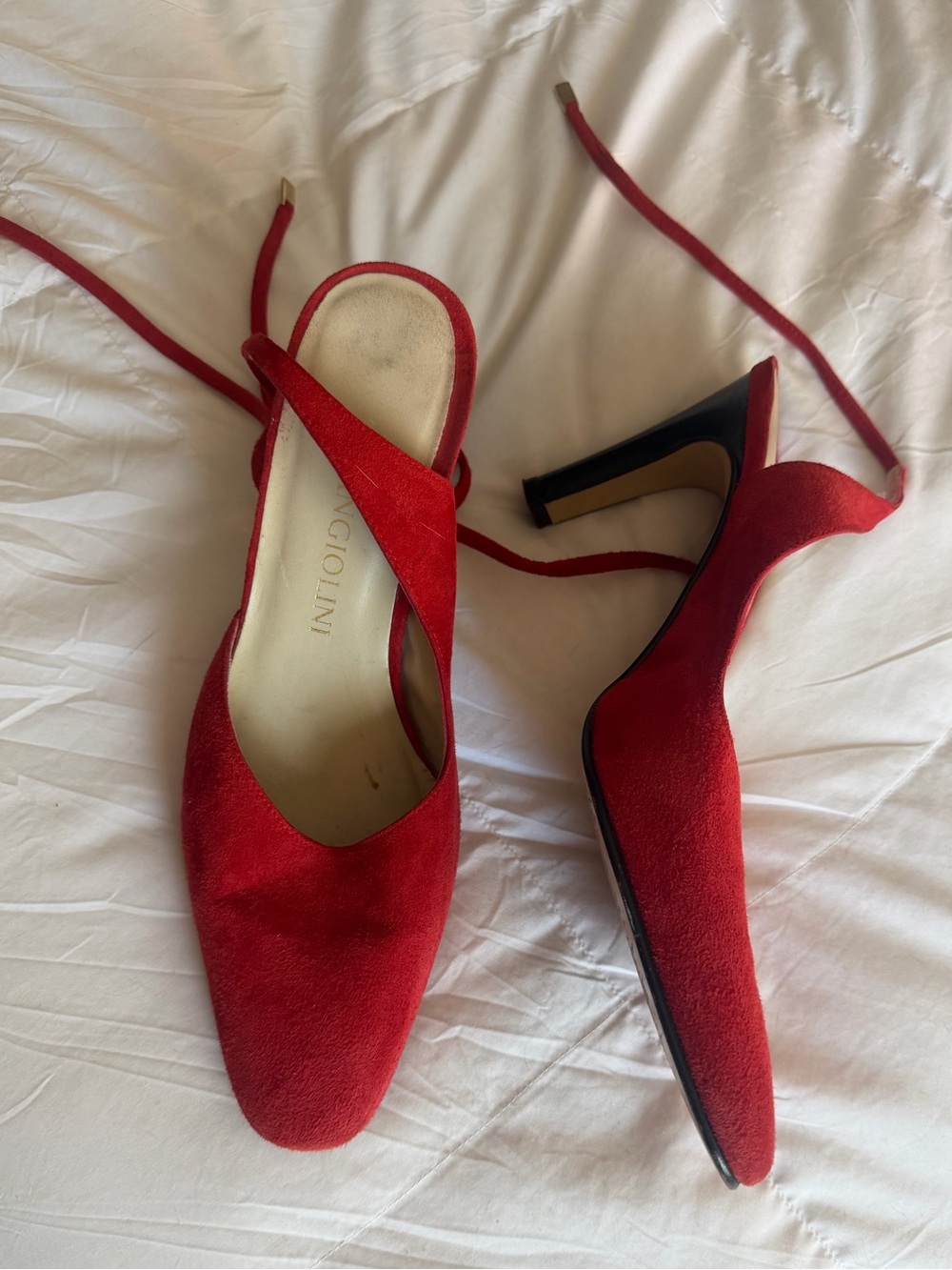 👠 Vintage Italian Suede Enzo Angiolini Lace-Up Ankle-Tie Heels - red and gold